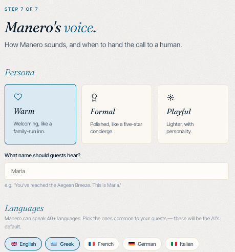 Onboarding step 7 of 7 — Manero's voice. Choose persona (Warm, Formal, Playful), the name guests hear, and languages.